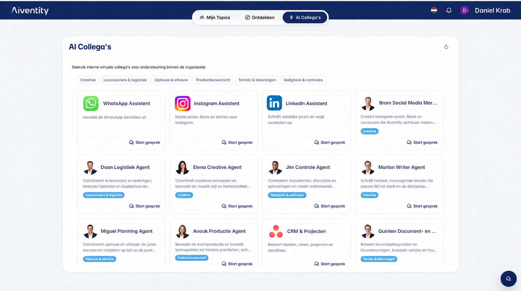 Aiventity AI Colleagues — overzicht van virtuele collega’s voor productie, logistiek, creatie en planning