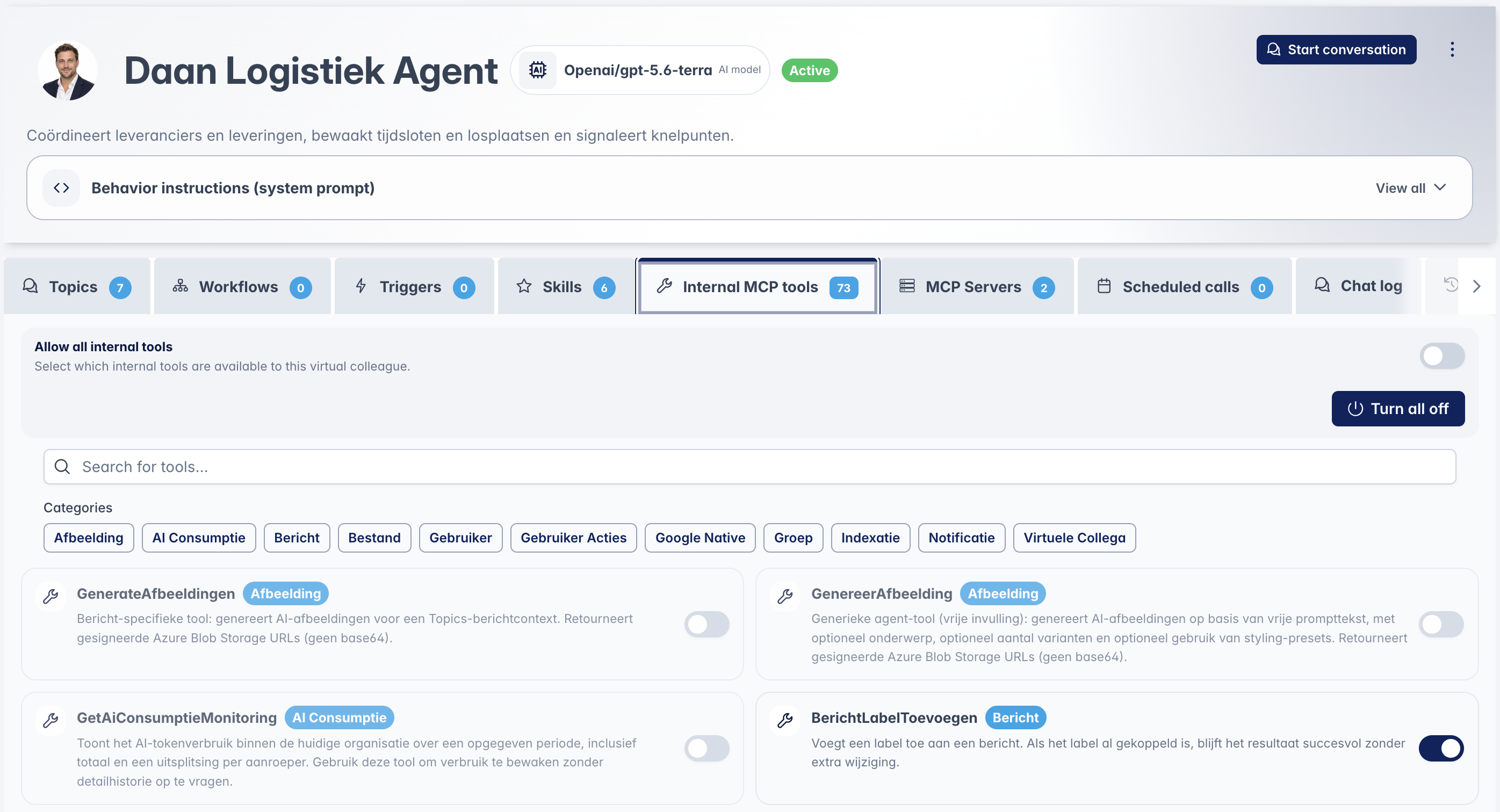Daan Logistiek Agent in Aiventity: skills en beschikbare tools per agent instellen